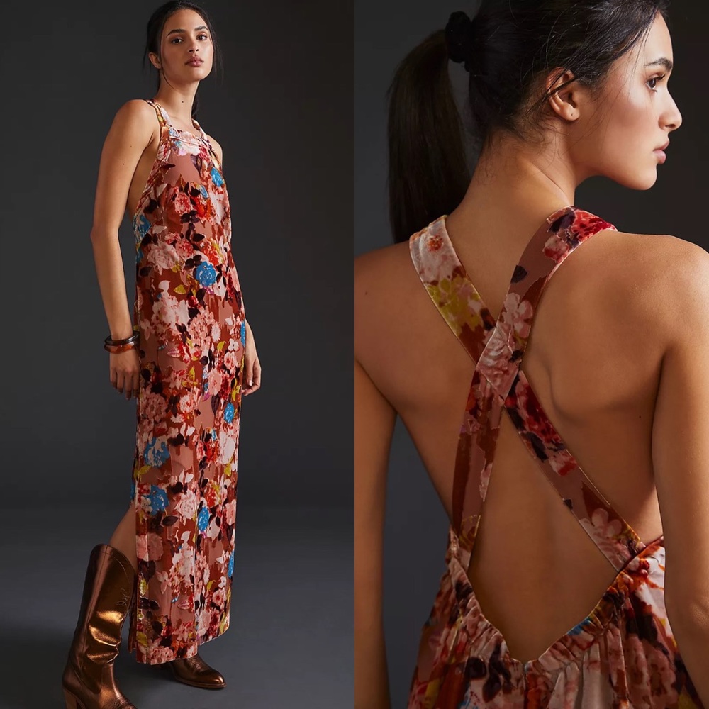 Anthropologie Halter Velvet Maxi Dress Honey M